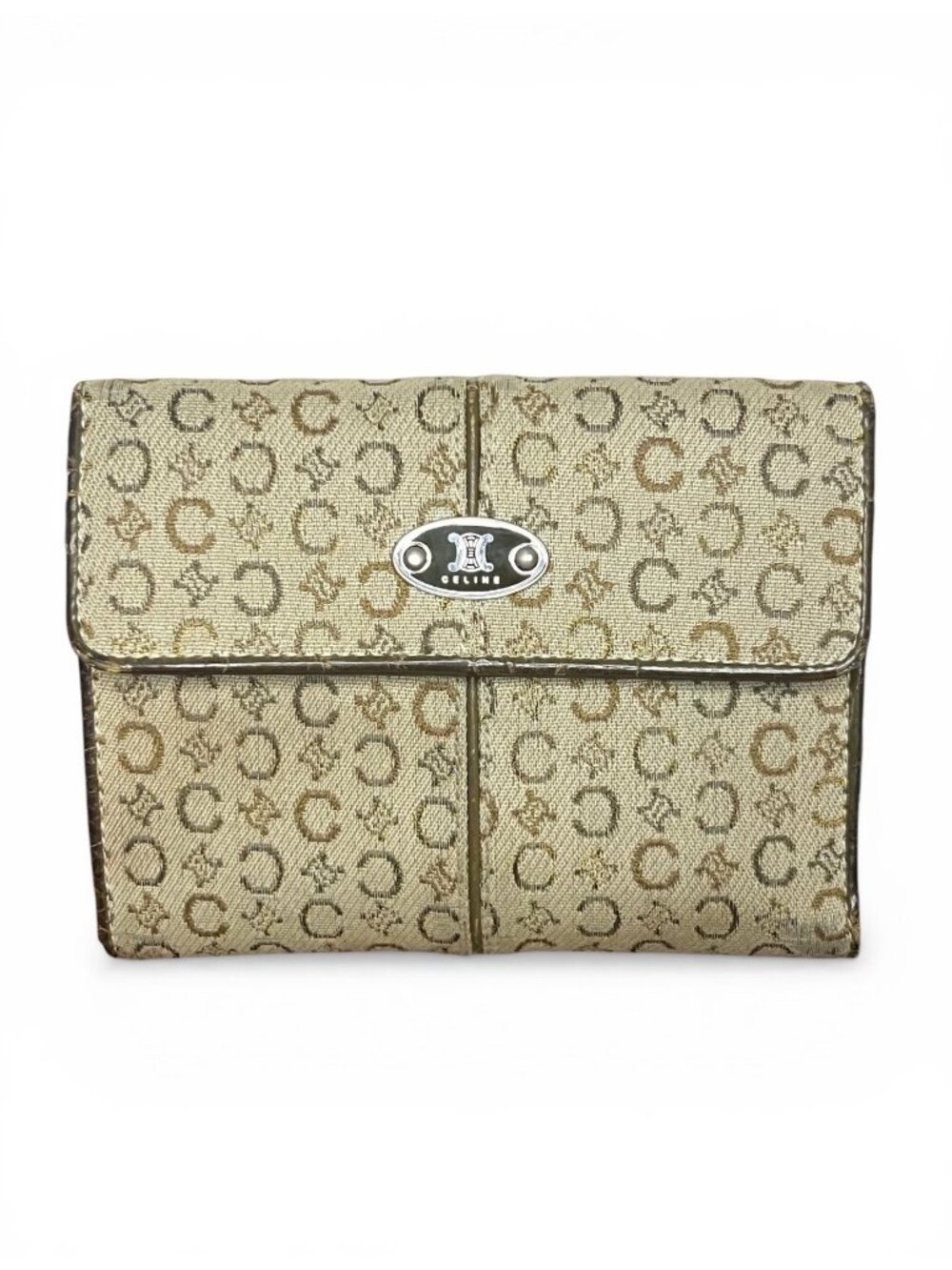 Celine Macadam Canvas Womens Wallet With Metal Logo Accent Beige & Brown